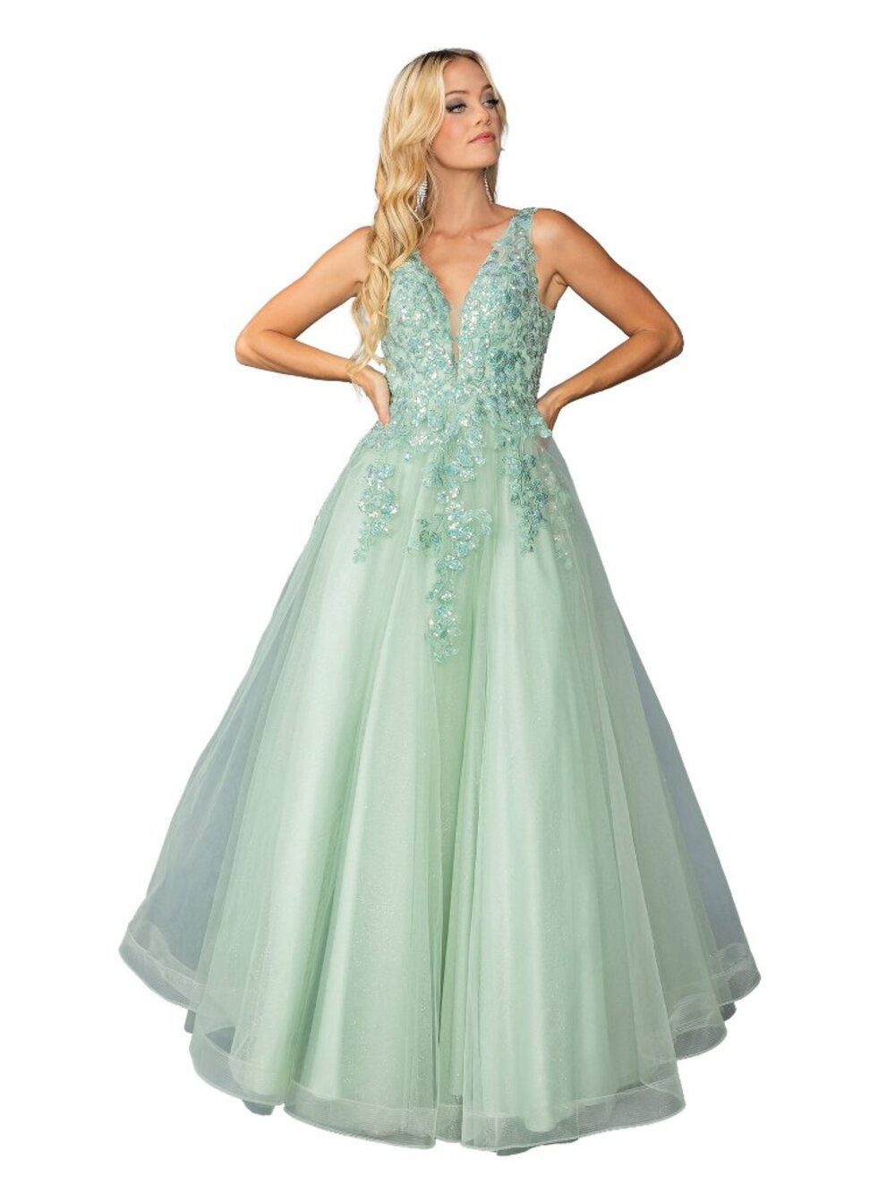 NEW SAGE Tulle Prom Gown Floor Length Formal Elegant Stunning 4430
